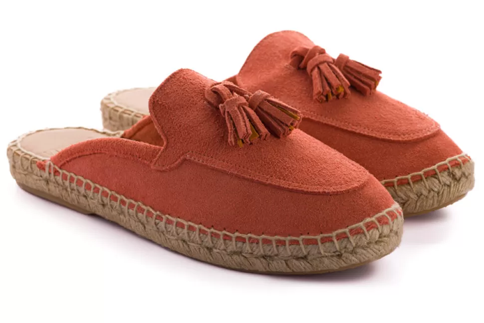 Shop Mocasin Abierto Borlas Piel Coral Donna Espadrillas Mocassino