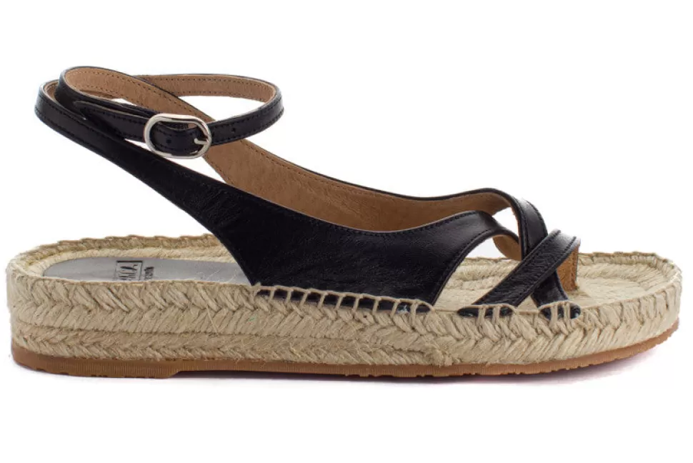 Store Sandali Di Iuta In Pelle Di Minorca Nera Donna Espadrillas Estive